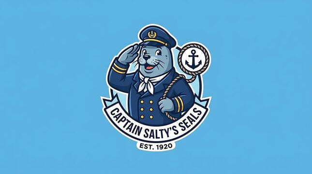 Cartoon seal captain mascot logo with anchor emblem.