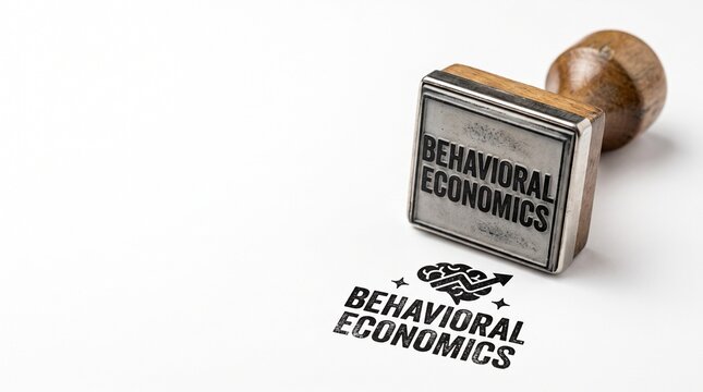 Behavioral economics rubber stamp on white background. Wooden hand stamp with behavioral economics text and brain icon. Psychology and finance concept.