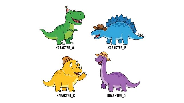Colorful cartoon dinosaurs wearing party hats character set.