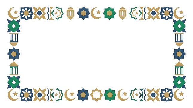Colorful Islamic geometric pattern border with stars and lanterns.