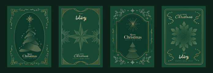 Naklejka premium Merry Christmas and Happy New Year luxury vector card set with elegant gold line art, Christmas trees, gifts, ornaments and festive frames on dark green background.