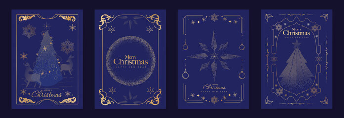 Plakat Merry Christmas and Happy New Year luxury vector card set with elegant gold line art, Christmas trees, gifts, ornaments and snowflakes on classic blue background.