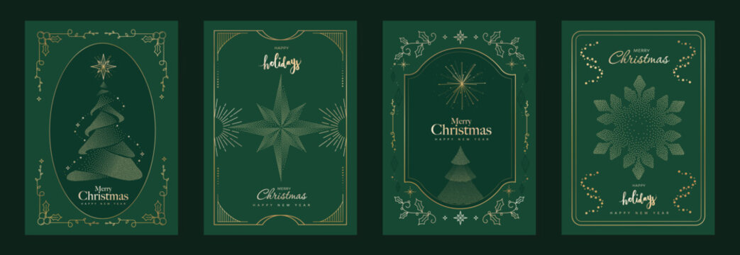 Merry Christmas and Happy New Year luxury vector card set with elegant gold line art, Christmas trees, gifts, ornaments and festive frames on dark green background.