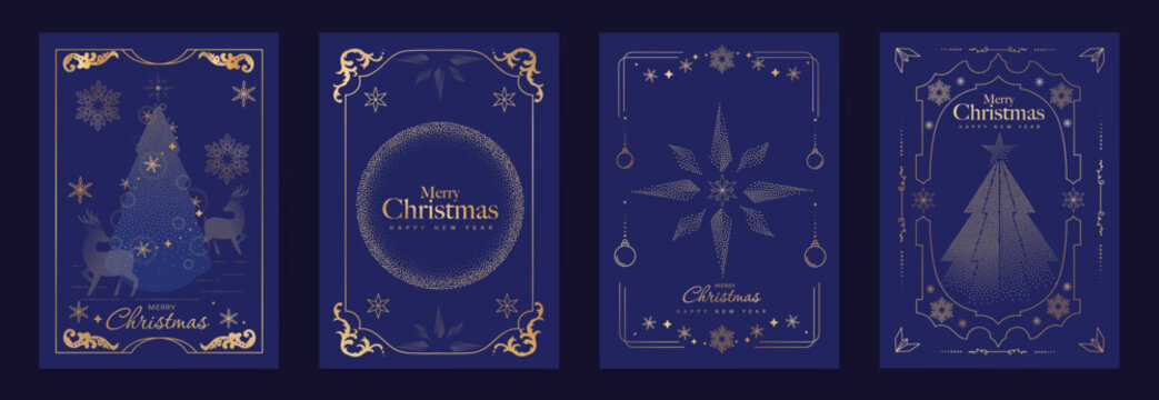 Merry Christmas and Happy New Year luxury vector card set with elegant gold line art, Christmas trees, gifts, ornaments and snowflakes on classic blue background.