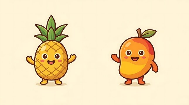 Cute pineapple and mango cartoon fruit characters