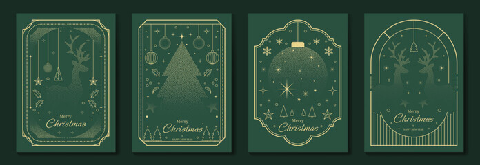 Plakat Merry Christmas and Happy New Year luxury vector card set with elegant gold line art, Christmas trees, gifts, ornaments and festive frames on dark green background.