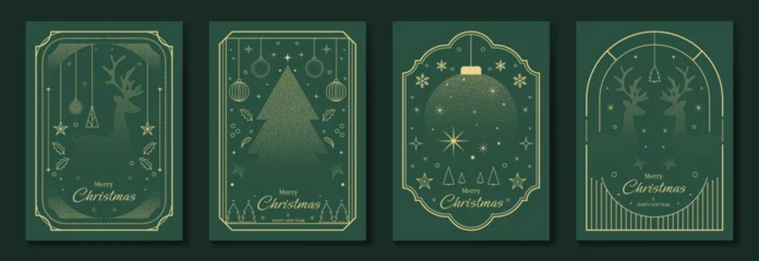 Fotobehang Cars Merry Christmas and Happy New Year luxury vector card set with elegant gold line art, Christmas trees, gifts, ornaments and festive frames on dark green background.  © TWINS DESIGN STUDIO