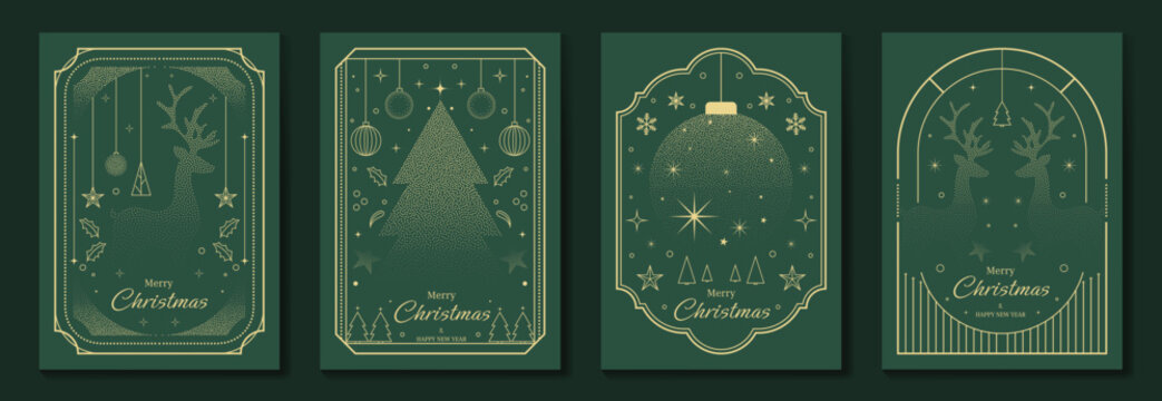 Merry Christmas and Happy New Year luxury vector card set with elegant gold line art, Christmas trees, gifts, ornaments and festive frames on dark green background.