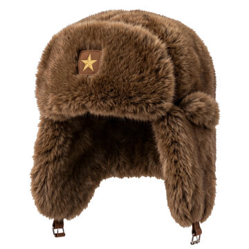 Brown fluffy ushanka winter hat with earflaps and star badge isolated on a transparent background