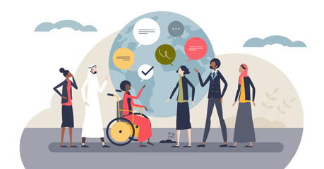 Fototapeta na wymiar Intercultural communication illustrated by a diverse group around a globe with chat bubbles, symbolizing dialogue and inclusion, key objects, globe, speech bubbles, people, transparent background.