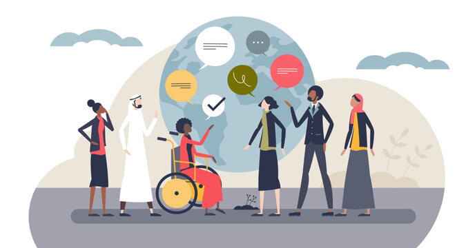 Intercultural communication illustrated by a diverse group around a globe with chat bubbles, symbolizing dialogue and inclusion, key objects, globe, speech bubbles, people, transparent background.