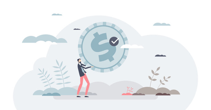 Total rewards concept, a business person presents a large coin with dollar sign and checkmark, symbolizing pay, benefits, and recognition, transparent background