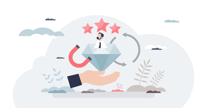 Employer branding talent magnet shows attracting top candidates and valuing people, diamond, magnet, and hand symbolize value, pull, and support, transparent background