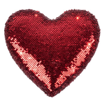 Red sequin heart pillow sparkling with lights isolated on a transparent background