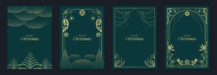 Naklejka premium Merry Christmas and Happy New Year luxury vector card set with elegant gold line art, Christmas trees, gifts, ornaments and festive frames on dark green background.