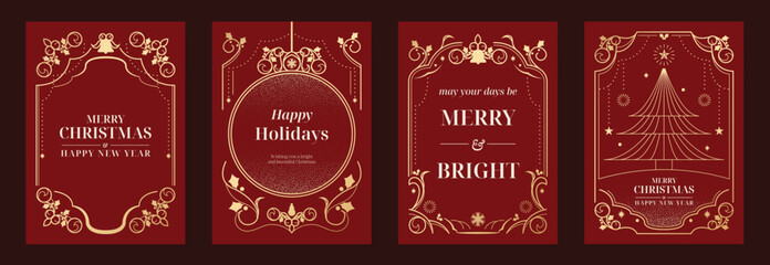Naklejka premium Merry Christmas and Happy New Year luxury vector card set with elegant gold ornamental frames, Christmas tree, holly leaves and festive typography on dark red background.