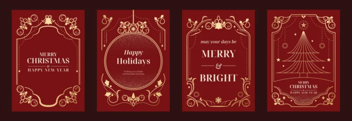 Fotobehang Cars Merry Christmas and Happy New Year luxury vector card set with elegant gold ornamental frames, Christmas tree, holly leaves and festive typography on dark red background.  © TWINS DESIGN STUDIO