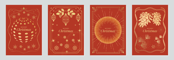 Naklejka premium Merry Christmas and Happy New Year luxury vector card set with elegant gold ornamental frames, holly leaves, pine cones, snowflakes and festive decorations on red background.