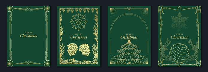 Plakat Merry Christmas and Happy New Year luxury vector card set with elegant gold line art, Christmas trees, gifts, ornaments and festive frames on dark green background.