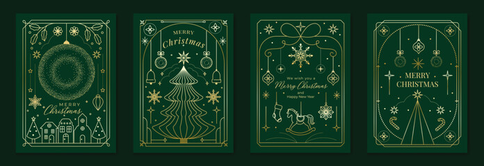 Naklejka premium Merry Christmas and Happy New Year luxury vector card set with elegant gold line art, Christmas trees, gifts, ornaments and festive frames on dark green background.