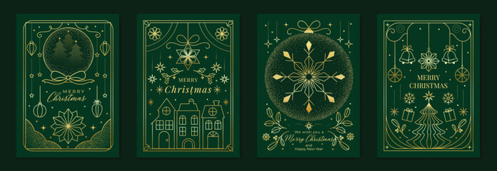 Plakat Merry Christmas and Happy New Year luxury vector card set with elegant gold line art, Christmas trees, gifts, ornaments and festive frames on dark green background.