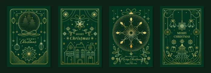 Fotobehang Onderzeeër Merry Christmas and Happy New Year luxury vector card set with elegant gold line art, Christmas trees, gifts, ornaments and festive frames on dark green background.  © TWINS DESIGN STUDIO