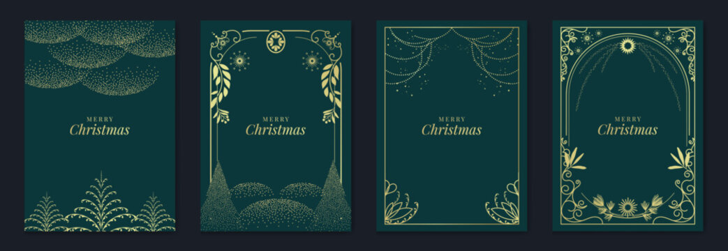 Merry Christmas and Happy New Year luxury vector card set with elegant gold line art, Christmas trees, gifts, ornaments and festive frames on dark green background.