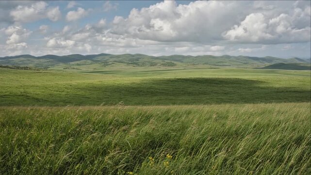 Cinematic Rural Field Timelapse Background with Windblown Grassland, Peaceful Meadow, Rolling Hill and Mountain Landscape Beneath Dramatic Clouds, Expansive Farmland Panorama