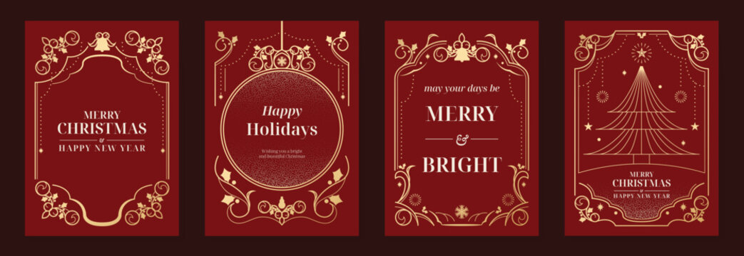 Merry Christmas and Happy New Year luxury vector card set with elegant gold ornamental frames, Christmas tree, holly leaves and festive typography on dark red background.