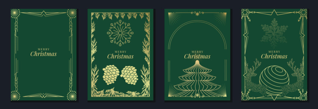 Merry Christmas and Happy New Year luxury vector card set with elegant gold line art, Christmas trees, gifts, ornaments and festive frames on dark green background.