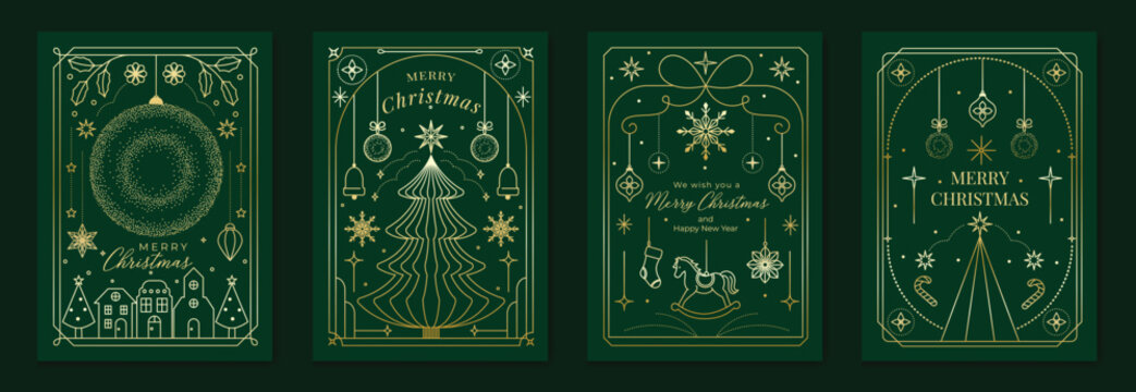 Merry Christmas and Happy New Year luxury vector card set with elegant gold line art, Christmas trees, gifts, ornaments and festive frames on dark green background.