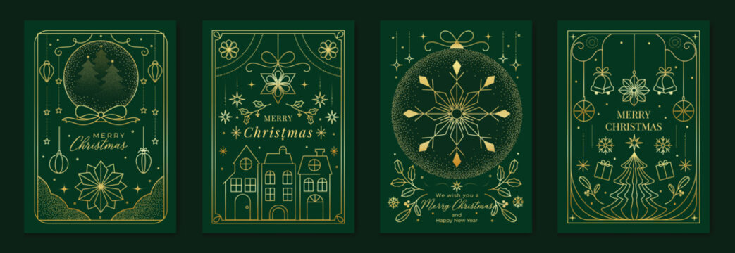 Merry Christmas and Happy New Year luxury vector card set with elegant gold line art, Christmas trees, gifts, ornaments and festive frames on dark green background.