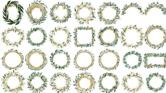 Collection of Watercolor Botanical Wreaths and Greenery Frames featuring Eucalyptus Leaves and Elegant White Flowers for Wedding Invitations, Greeting Cards and Scrapbooking Designs Illustration