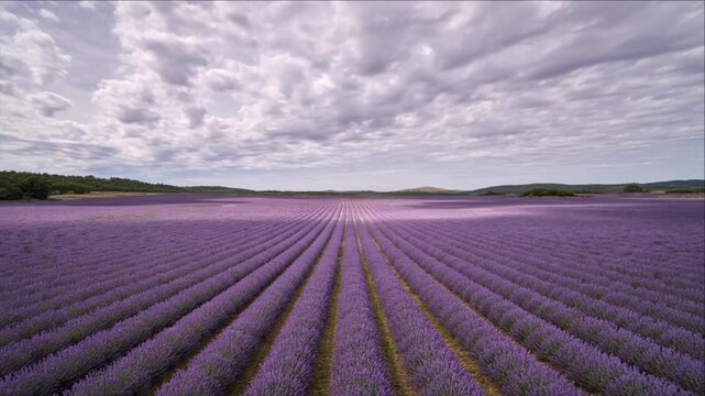 Cinematic rural lavender field timelapse background beneath dramatic cloudy sky, endless purple flower plantation rows creating peaceful countryside atmosphere, distant green hills and expansive