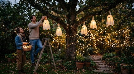 Fototapeta premium Happy couple decorating tree with ghost lanterns for Halloween outdoors