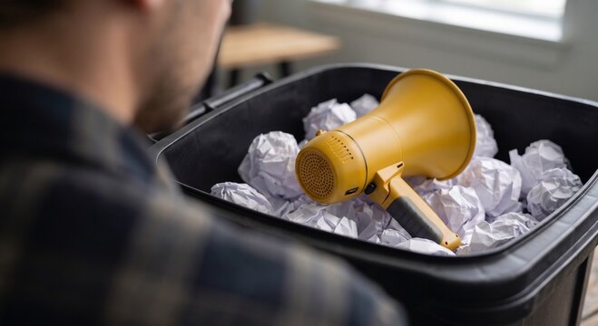 Man looking at a yellow megaphone thrown into a trash bin with crumpled paper, failed marketing campaign concept.