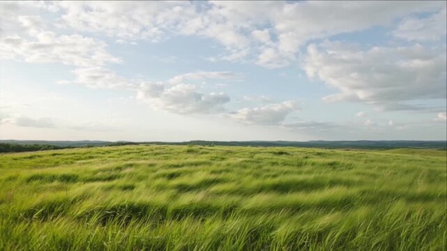 Cinematic rural field timelapse with windblown grass, peaceful meadow landscape, green pasture, prairie horizon, cloudy sky, natural background footage for serene outdoor scenery content