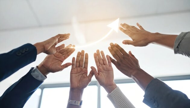 Diverse Business Hands Reaching Toward Glowing Arrow in Modern Office