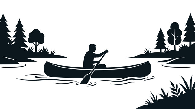 Silhouette of a man paddling a canoe on a calm lake, surrounded by trees.