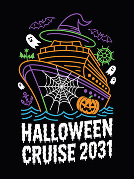 Halloween Cruise 2031 neon cruise ship ghosts pumpkin witch hat