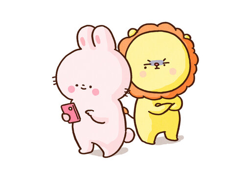 Lion secretly monitoring the smartphone screen of a rabbit from behind, possessive partner or social domestic violence concept