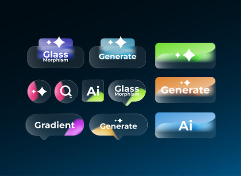Modern glassmorphism UI elements featuring translucent glass panels, colorful gradient glows, sparkle symbols, AI, generate, and glass morphism typography. A versatile futuristic interface collection
