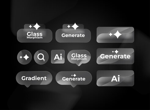 Modern dark glassmorphism UI elements featuring translucent panels, glossy surfaces, soft reflections, sparkle symbols, AI, generate, gradient, and glass typography.