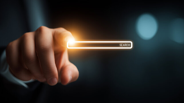 Businessman touching digital search bar interface for data analysis and online web browsing