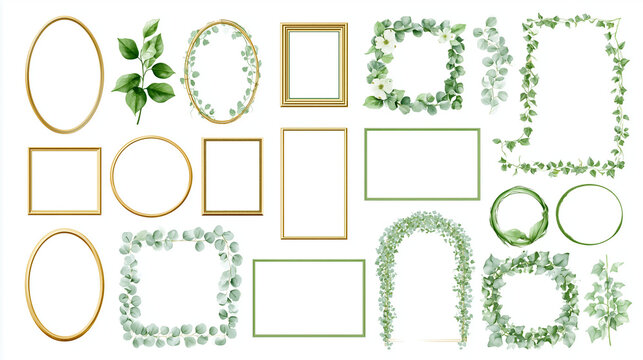 Set of Elegant Gold Frames and Watercolor Greenery Elements for Wedding Invitations, Floral Wreaths, Eucalyptus Branches, Ivy Vines, Botanical Borders and Decorative Elements Isolated on White