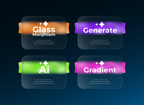 Modern glassmorphism UI card templates featuring translucent panels, colorful gradients, glowing effects, sparkle icons, and bold typography for futuristic web and app interfaces.
