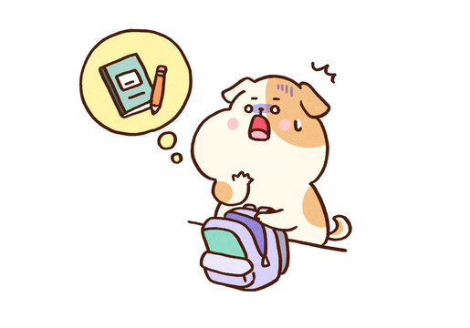 Dog opening its backpack and panicking after forgetting a notebook and pencil, ADHD inattention or careless mistake concept