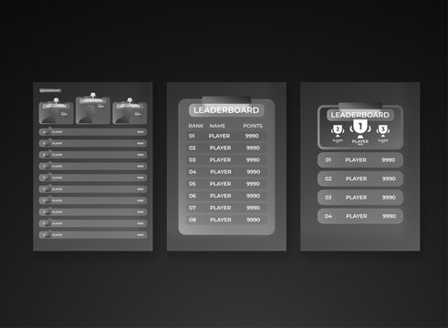 Dark leaderboard template with glassmorphism UI, ranking cards, player profiles, podium, score lists, and modern competition interface for sports, gaming, esports, and digital projects.