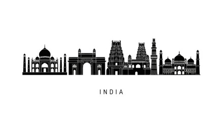 Obraz premium India Skyline Silhouette: Iconic Landmarks - Taj Mahal, Gateway of India, Temples