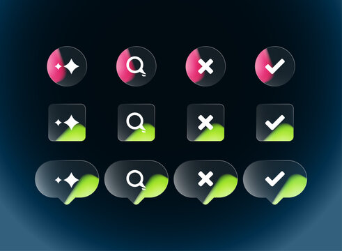 Modern glassmorphism UI icon set featuring search, close, check, sparkle, and AI-inspired symbols in circular, rounded square, and speech bubble styles with colorful gradient glow effects.
